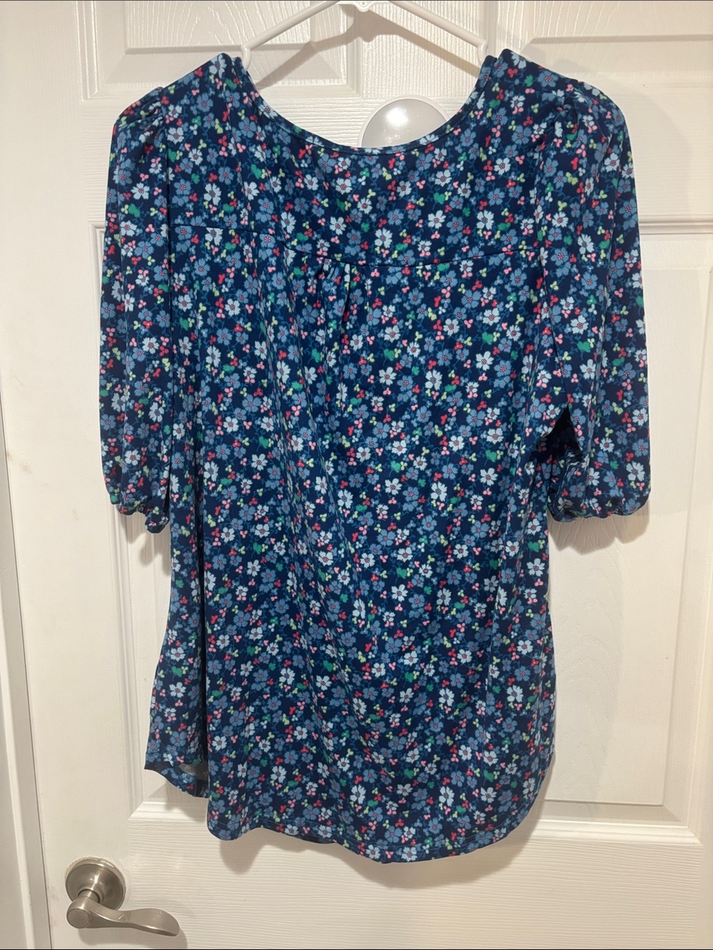 Blue Floral 1/2 Sleeve Soft V Neck Women's Swing Top - Picture 3 of 7